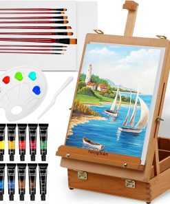 Falling in Art 27 Pcs Beechwood Tabletop Easel Box Set | Portable Acrylic Painting Easel Kit with Paints. Canvas and Brushes. Suitable for Beginners and Professionals